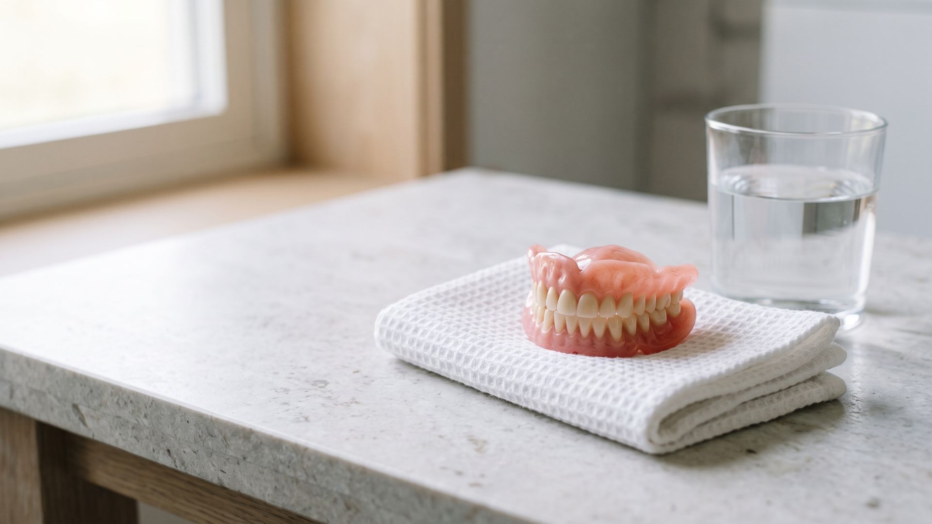 A denture resting on a folded towel beside a glass of water, one of the first things people look at when wondering why their dentures are loose.